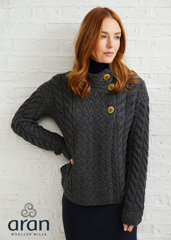 Aran 3 Buttons Trellis Cardigan | Charcoal