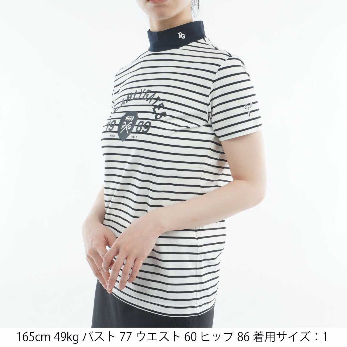 ボーダー柄 ベア鹿の子 モックネック半袖シャツ レディス(半袖シャツ
