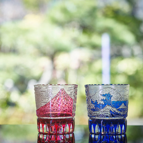 江戸切子 伝統工芸士 木村泰典 作 富嶽三十六景「神奈川沖波裏」に菊籠