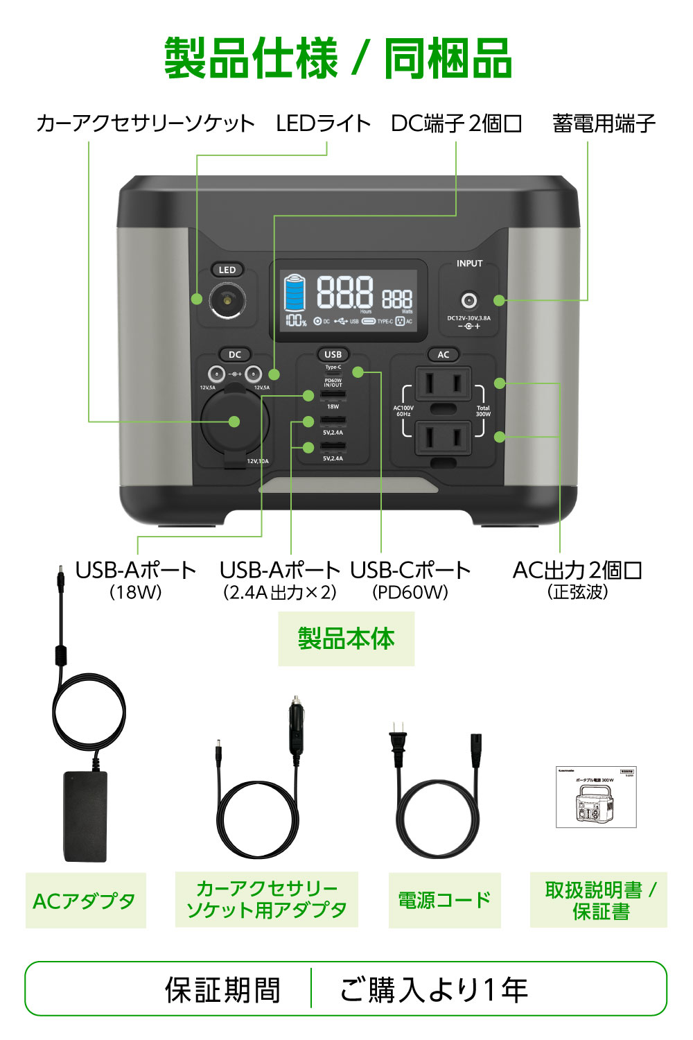 キャンペーン価格】ポータブル電源 300W PD60W 80000mAh/288Wh