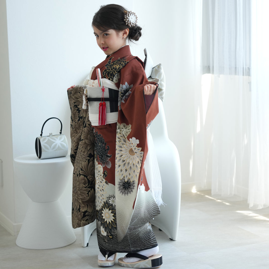 レンタル】七五三着物 7歳女の子 JAPAN STYLE 黒菊 四つ身（1409607800