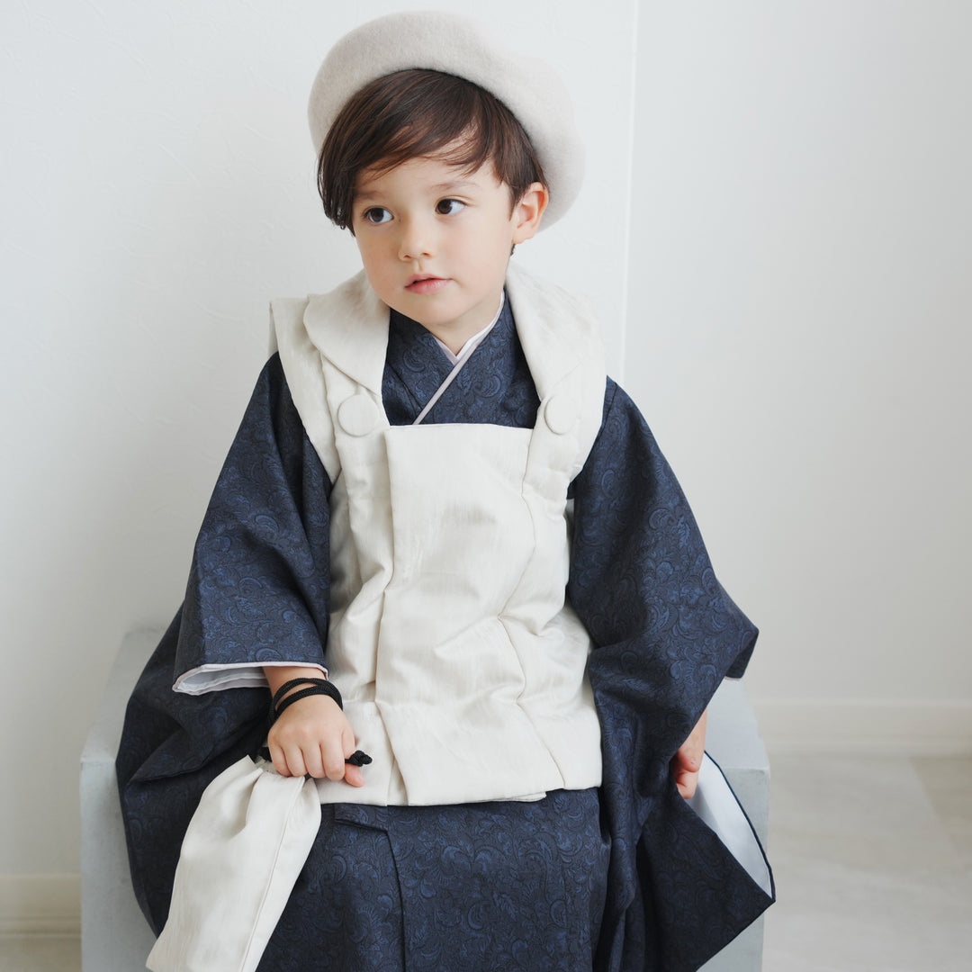 七五三着物 3歳 男の子 被布セット】販売品 象牙色ジャガード×藍鉄