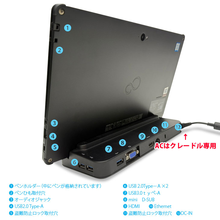 中古パソコン 純正クレードル カバー付き!】富士通 ARROWS Tab Q738/SE