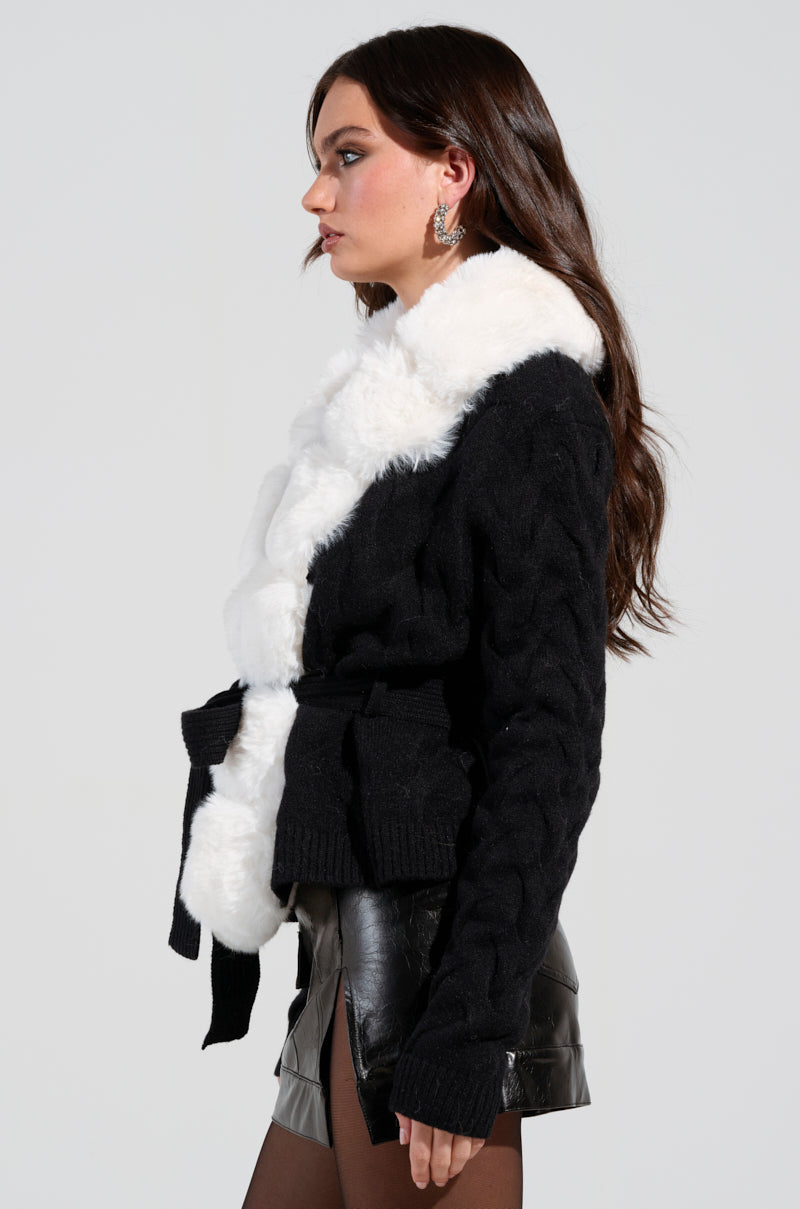 BABBS KNIT FUR TRIM CARDIGAN WITH SELF TIE BELT – AKIRA