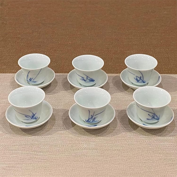 茶香自在】曉芳窯蔡曉芳大師青花手繪蘭草品茗杯六個對杯禮盒裝手工茶具