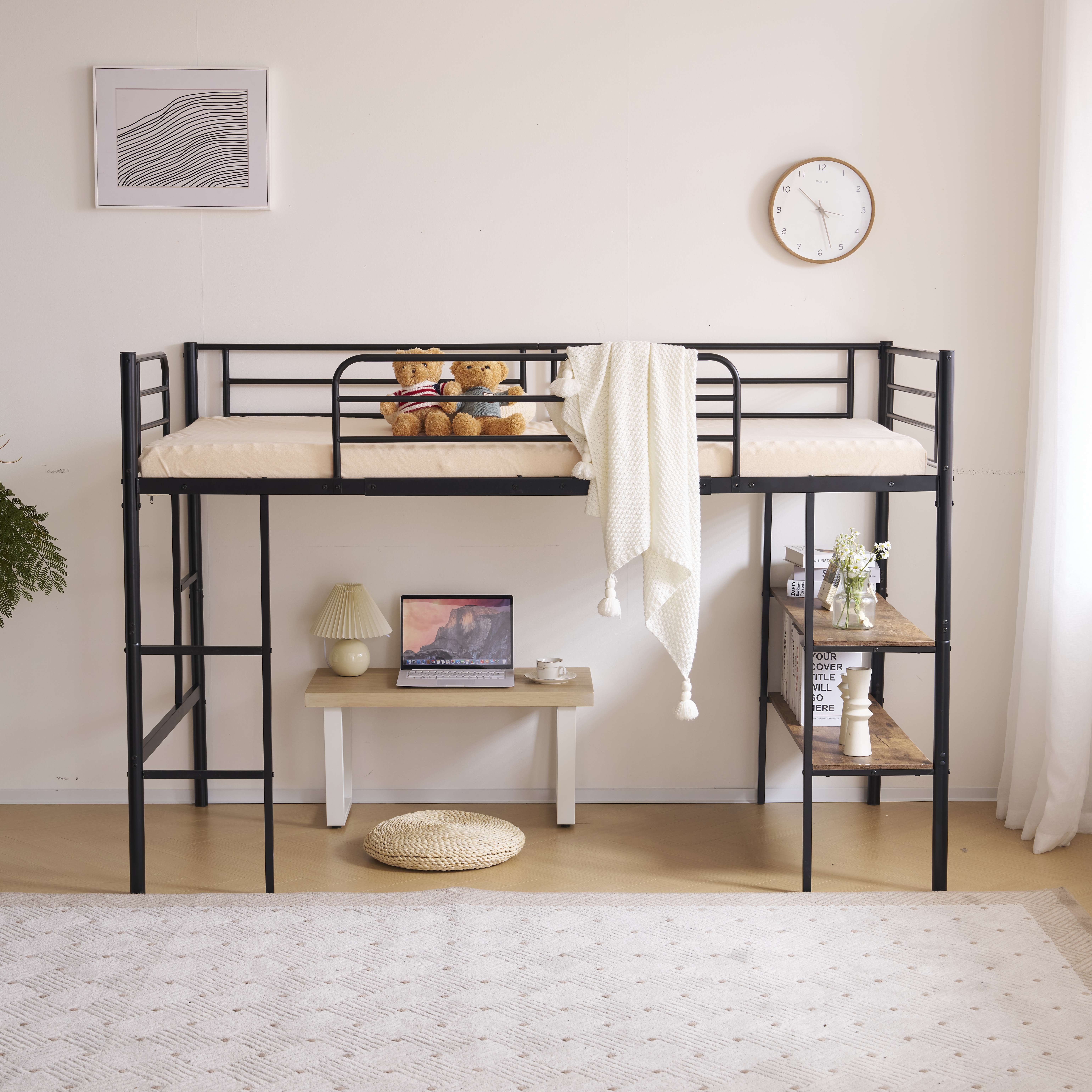 BTM ロフトベッド シングル パイプベッド ロータイプ 収納付き 収納棚