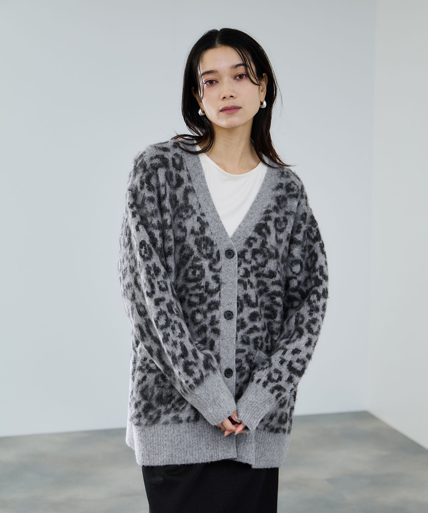 ニット カーディガン レディース シャギー ゆったり レオパード柄