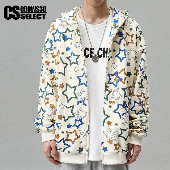 パーカー メンズ スター 星柄 総柄 フルジップパーカー V系 インポート