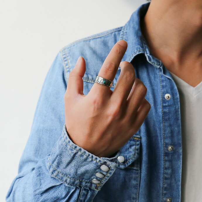 Indian Jewelry シルバー925 ターコイズ 平打ちリング メンズ