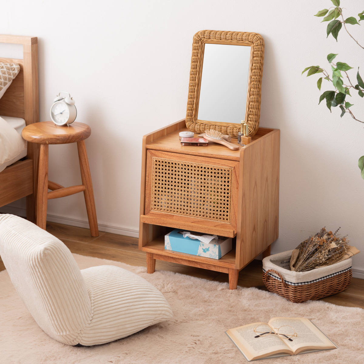 東谷 サイドテーブル 高さ52cm 引出し付 ラタン ナイトテーブル （ 机