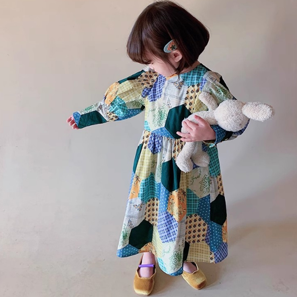 ワンピース キッズ 長袖 レトロ パッチワーク柄 韓国子供服 女の子