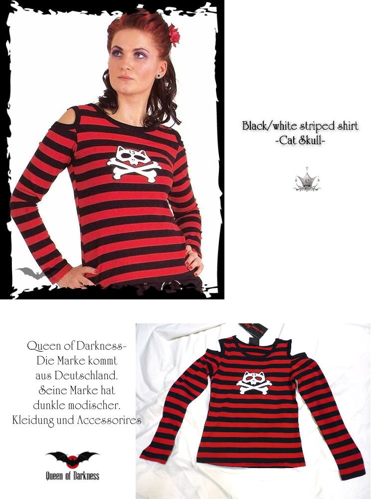 パンクロック ファッション ネコドクロ猫髑髏 ボーダー柄肩だし長袖T