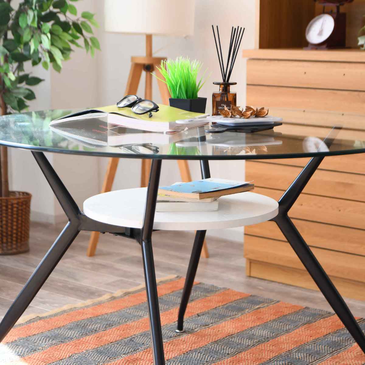 ダイニングテーブル 丸テーブル 4人掛け ガラス 収納スペース付き 幅