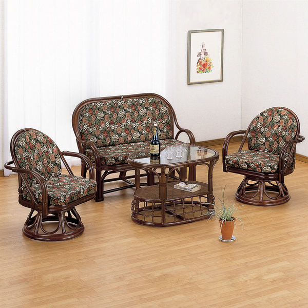 今枝商店 籐 回転座椅子・ソファ・テーブル リビング 4点セット