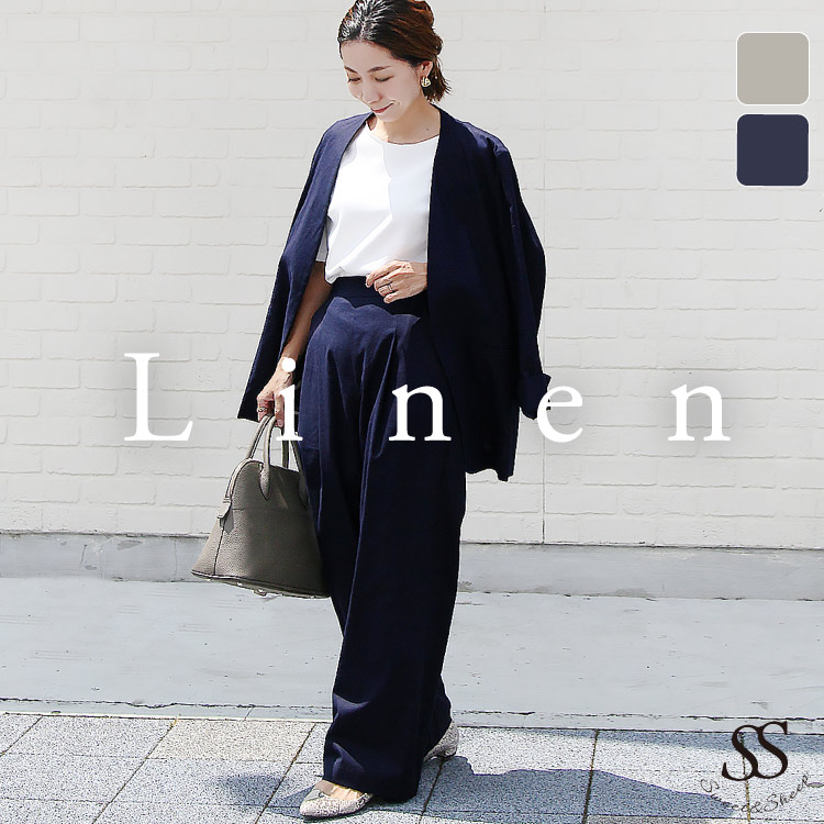 レディース セットアップ パンツスーツ ノーカラー 麻 レーヨン