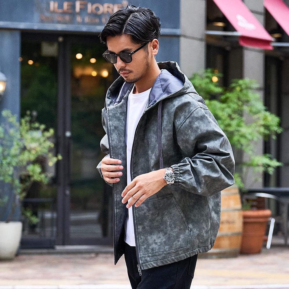 CavariA（キャバリア） パーカー メンズ 長袖 ジップアップ 革 レザー