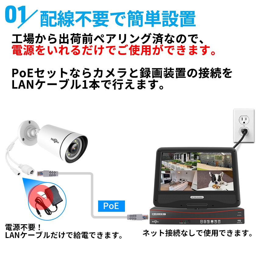 Hiseeu 防犯カメラ 屋外 家庭用 500万画素 有線 POE 4台 モニター付き