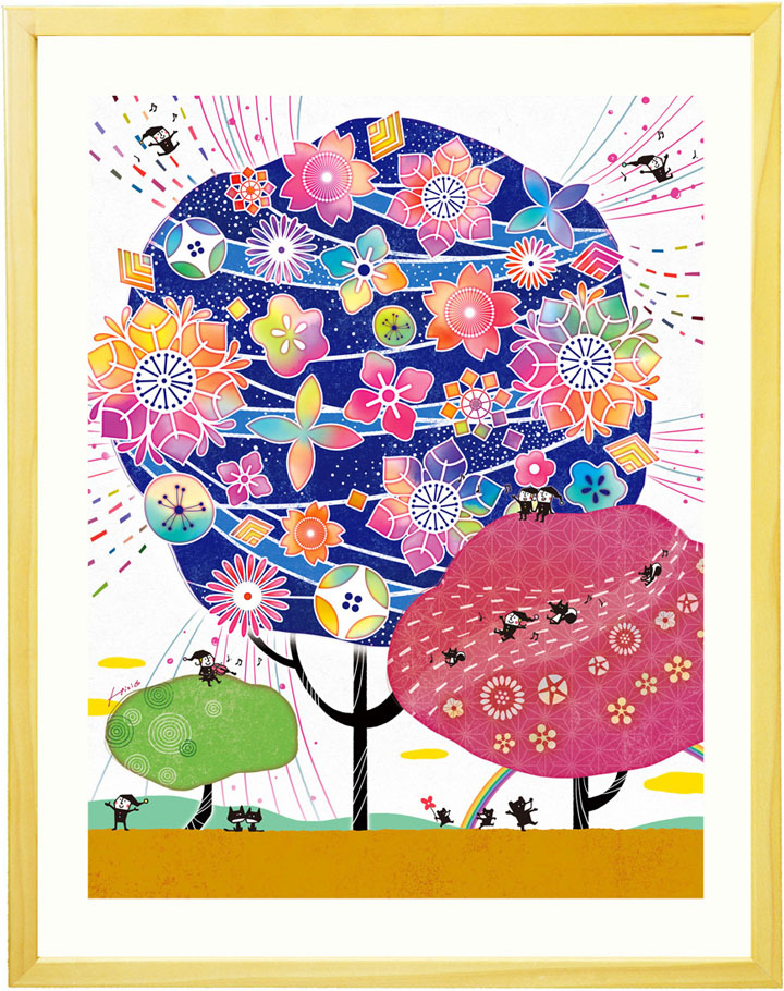 プレゼント お祝い 絵 幸せアート(しあわせ花音 藍色/Mサイズ) 名前