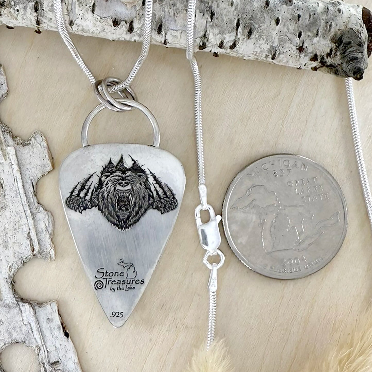 Petoskey Stone with Bear Engraving Pendant Necklace - Stone