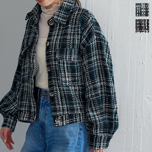 ツイード柄ボリュームスリーブショートジャケット [K1066