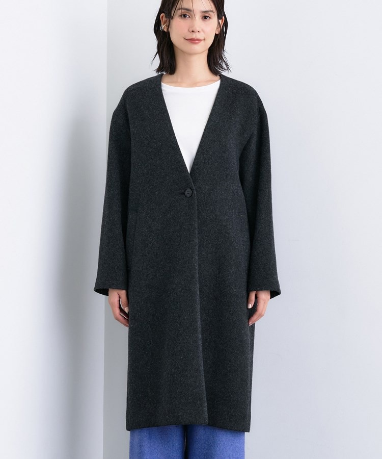 軽量／ウール混】ライトフォルム ロングコート（ノーカラーコート