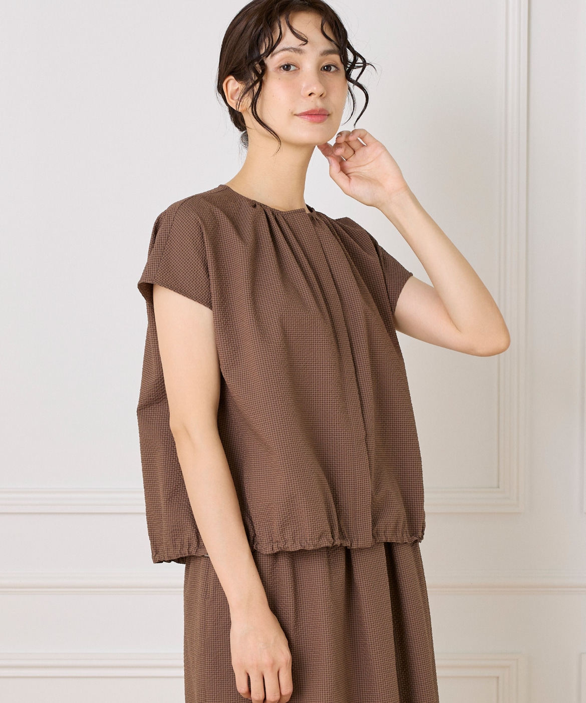 サッカーチェック フレンチスリーブブラウス｜7-IDconcept.（セブン