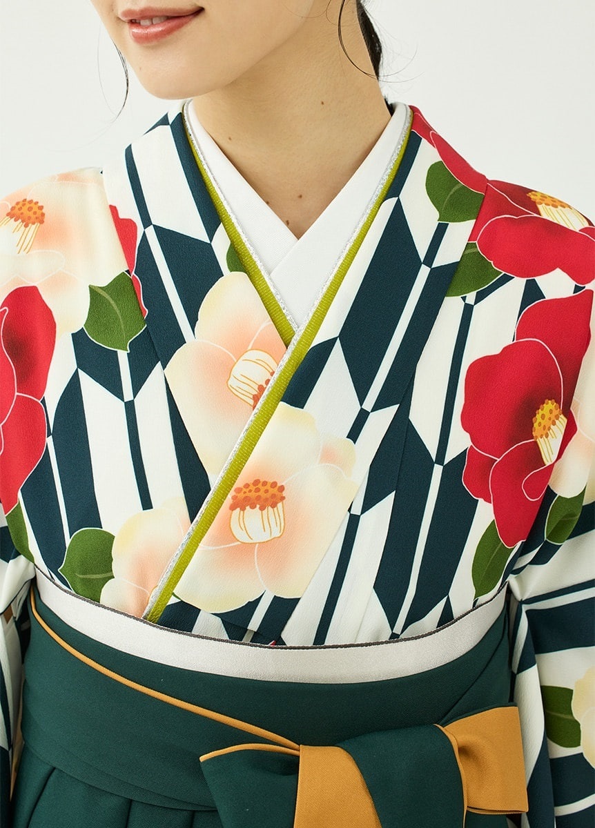 袴レンタルセット「花笑み」矢絣に椿・紺＆無地袴・緑（お取り寄せ品