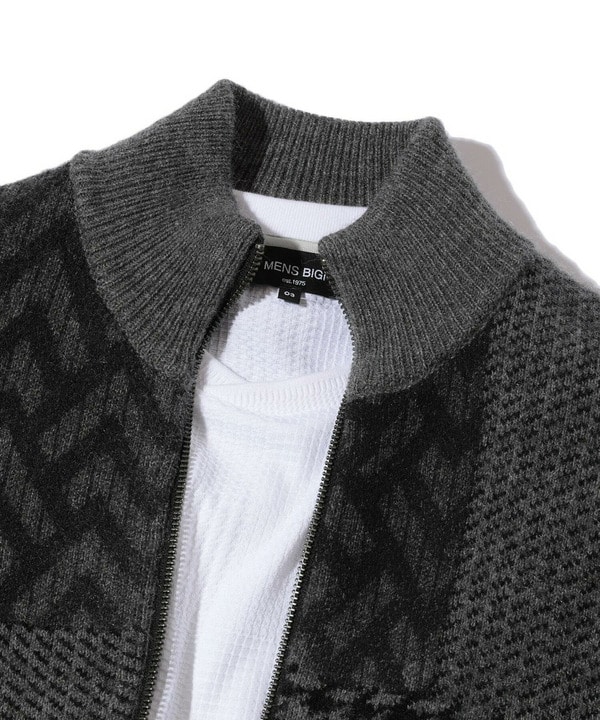 パッチワークデザインジップアップスタンドカラーニットジャケット