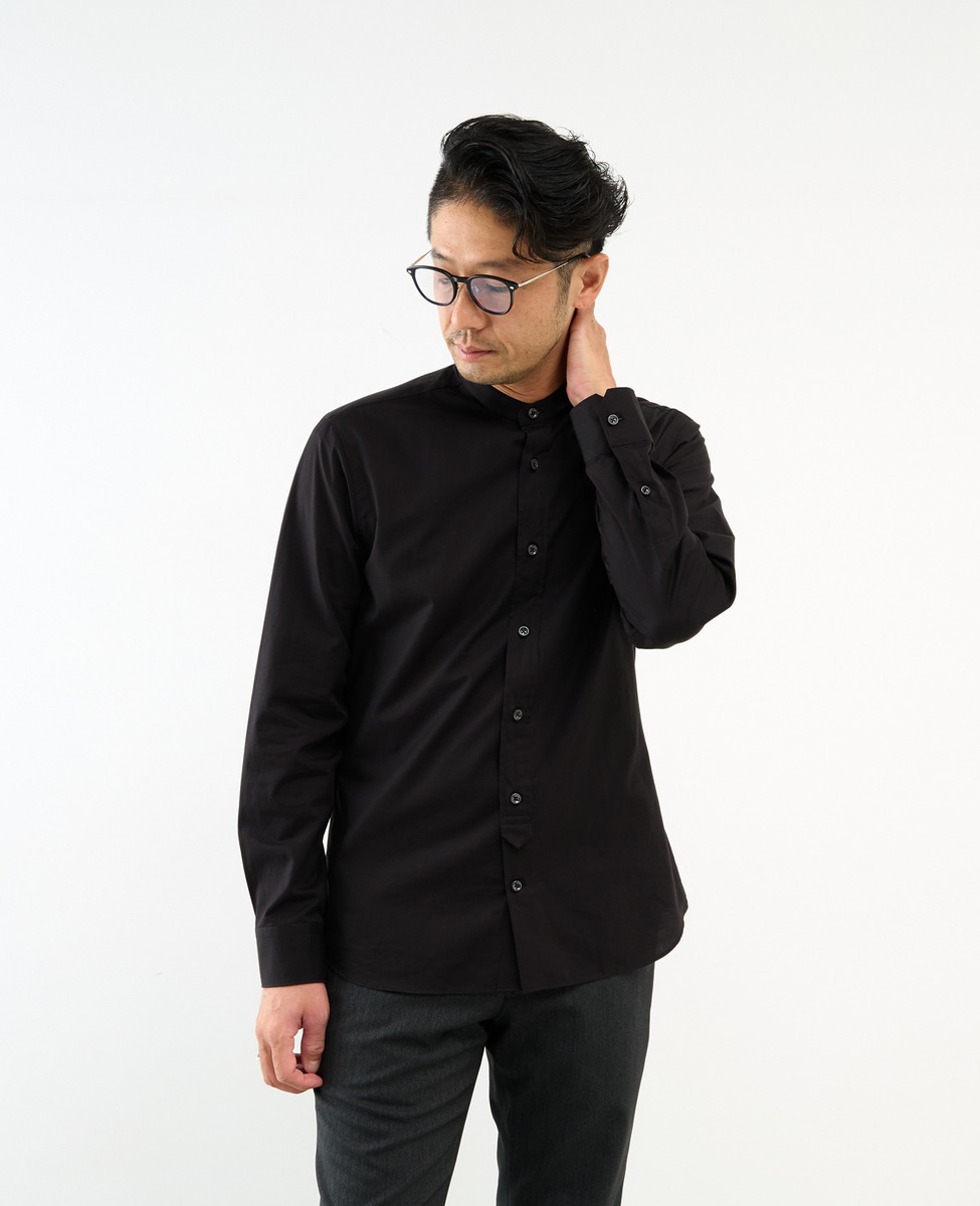 HITOYOSHIダブルネーム ブラックパターンバンドカラーシャツ｜MEN'S