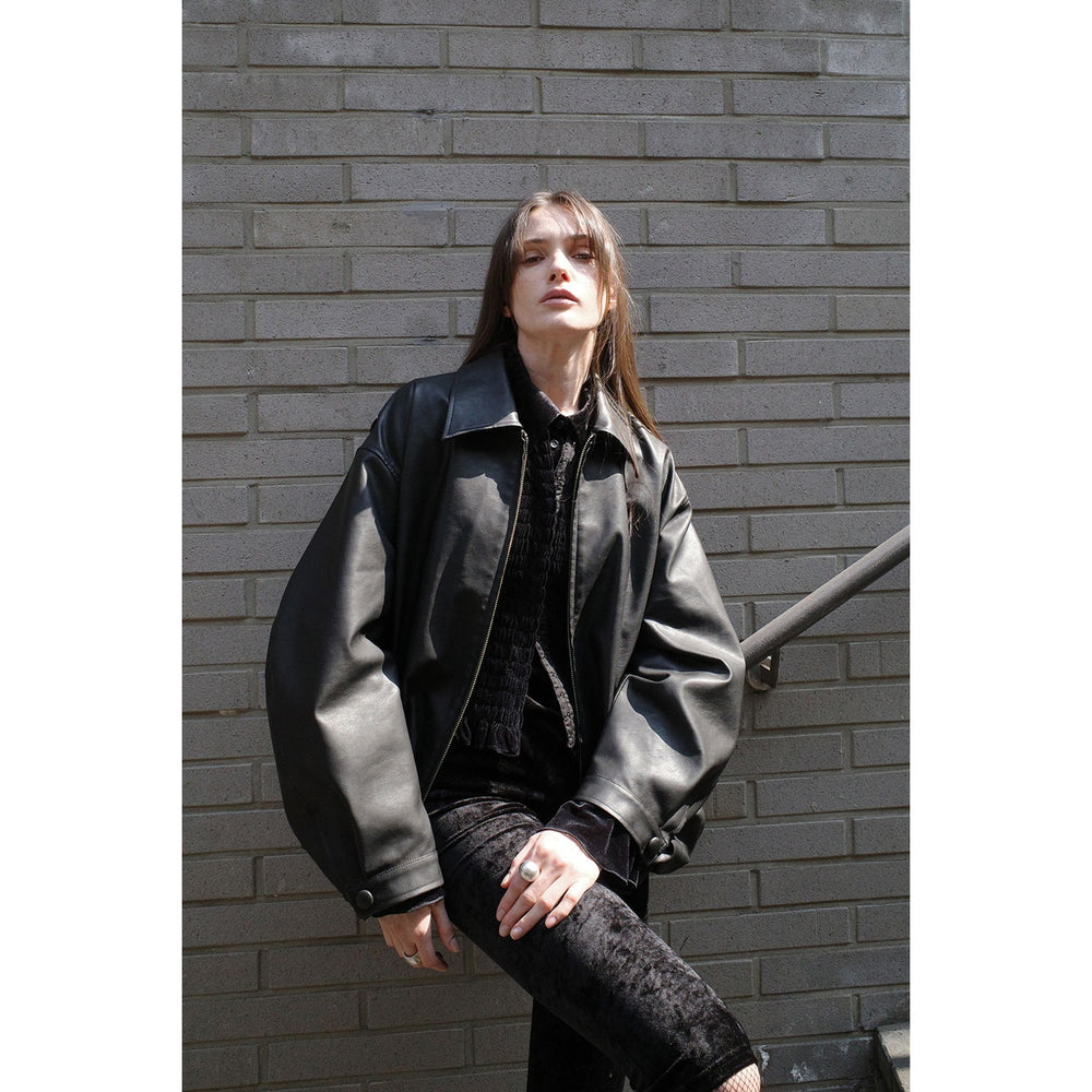 FAKE LEATHER BALLOON JACKET-BLACK- – OBLIGE