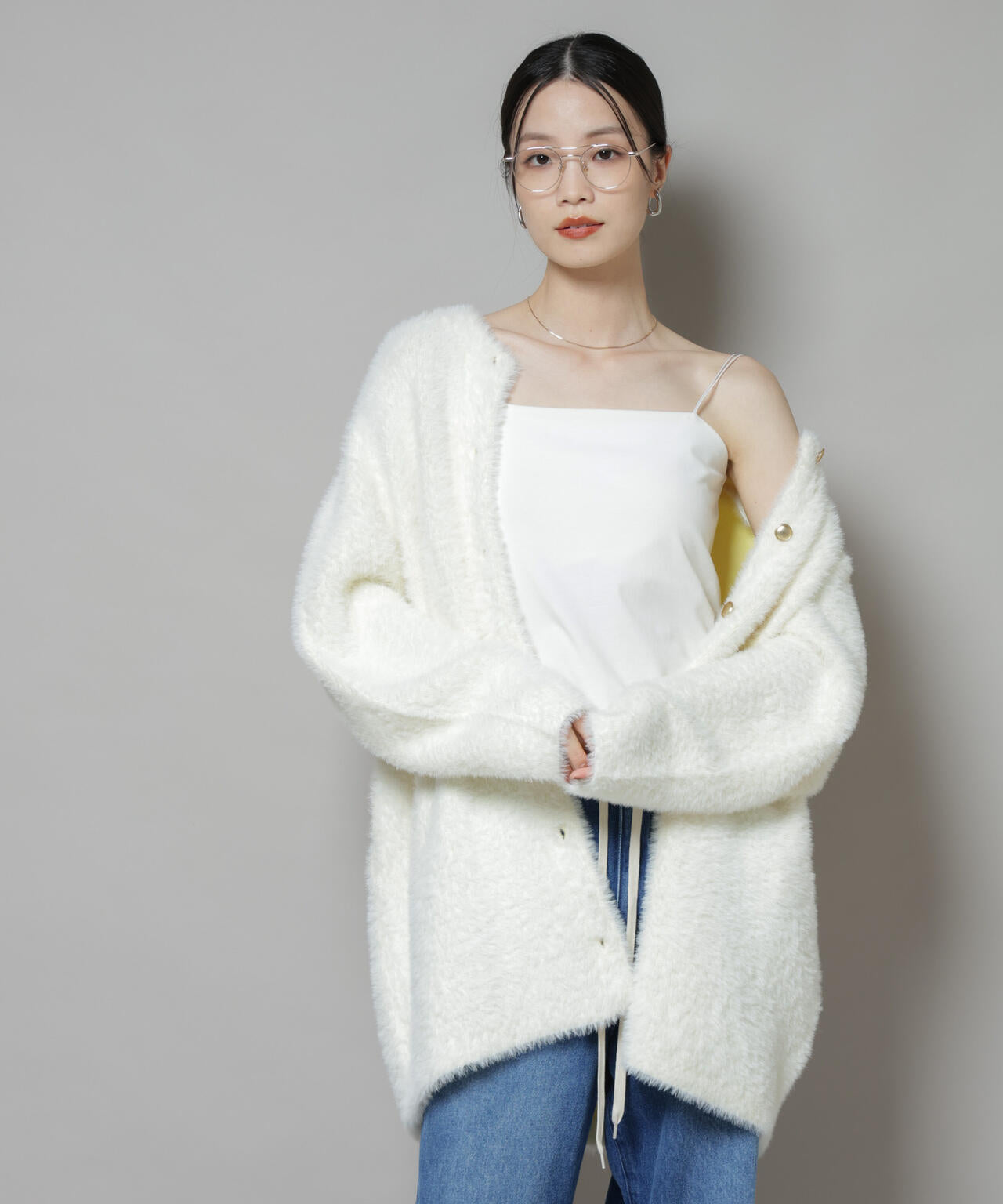 配色 シャギー ニット ジャケット