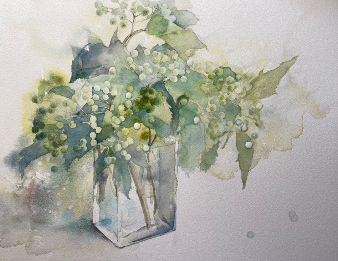 グリーンの実とガラスの花瓶③（水彩画の描き方シリーズ）ガラスの花瓶