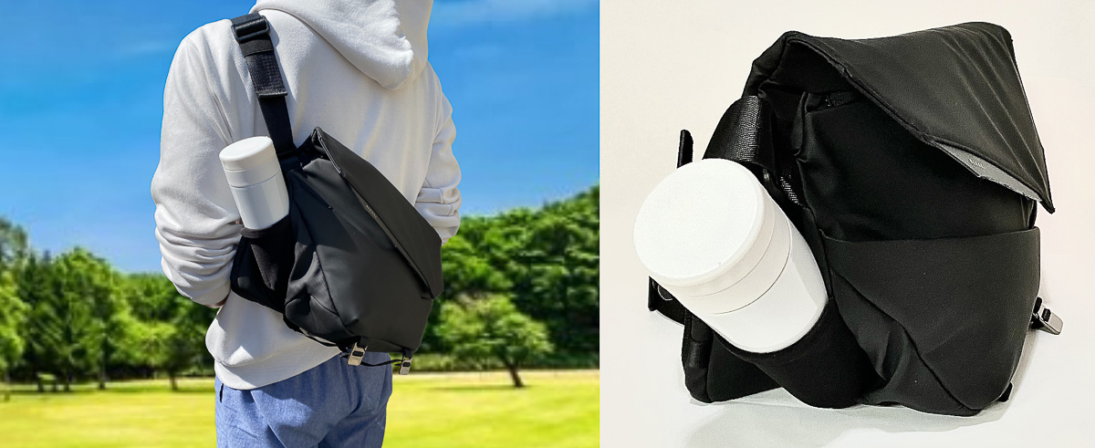 普段はスリムに、荷物が多い時はグワッと広げて！拡張するスリング