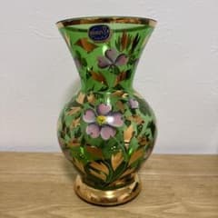 未使用 ボヘミアグラス ボヘミアングラス 花瓶 グリーン 花 金彩