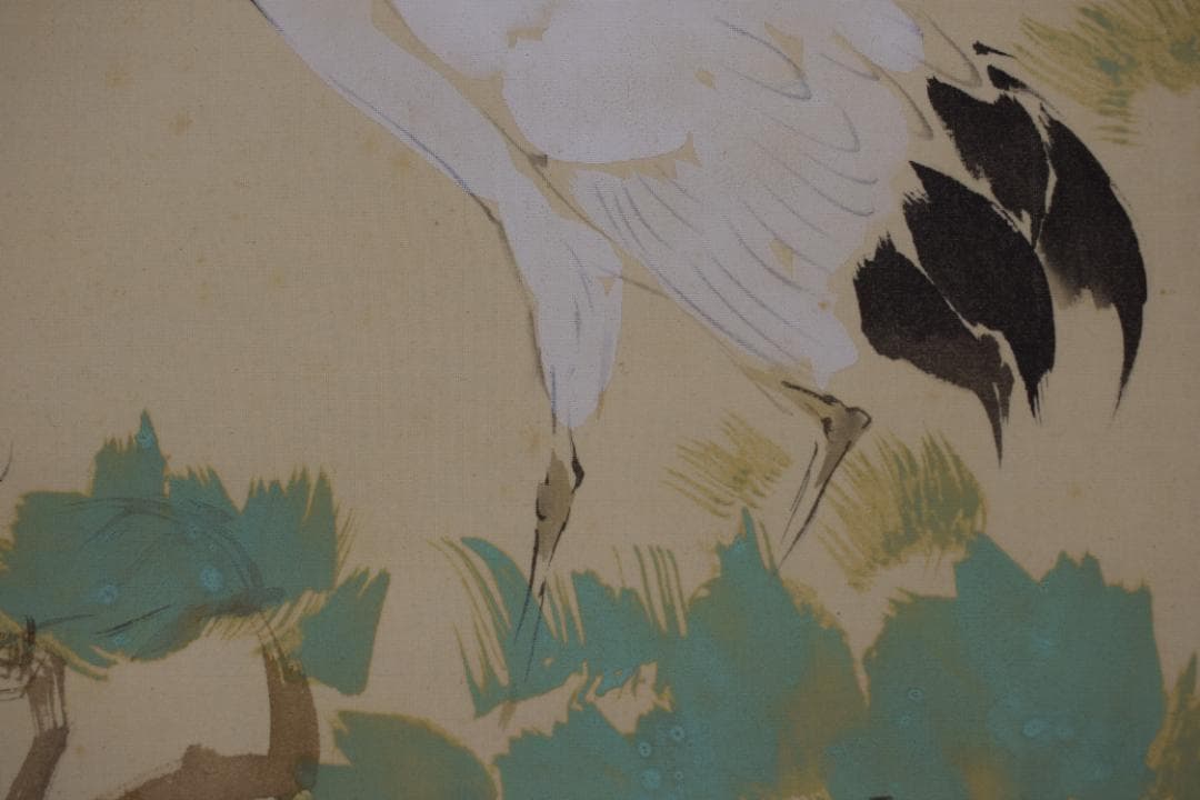 【真作】福岡青嵐/鶴図/松上鶴図/小品/掛軸☆宝船☆Z-615