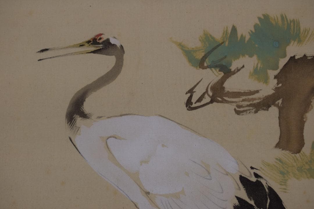 【真作】福岡青嵐/鶴図/松上鶴図/小品/掛軸☆宝船☆Z-615