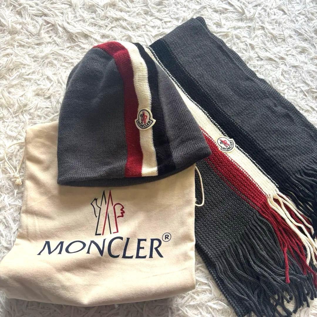 ◎人気モンクレール マフラー ニット帽 収納袋 3点セット グレー系 ミニミニストア miniministore ニット帽子 マフラー手袋一体型ファー
