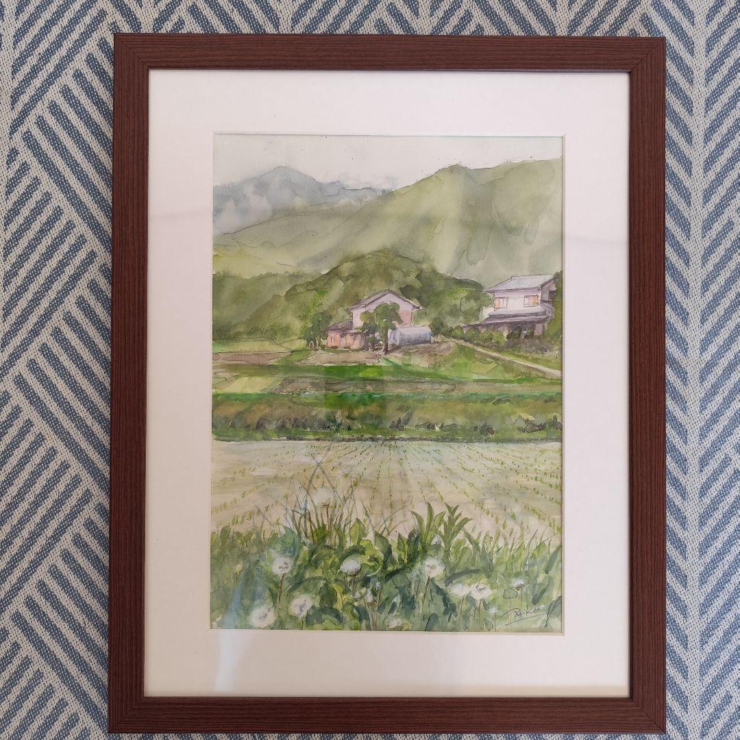 水彩画「里山ー田植えの頃」 F6ブラウンフレーム - メルカリ