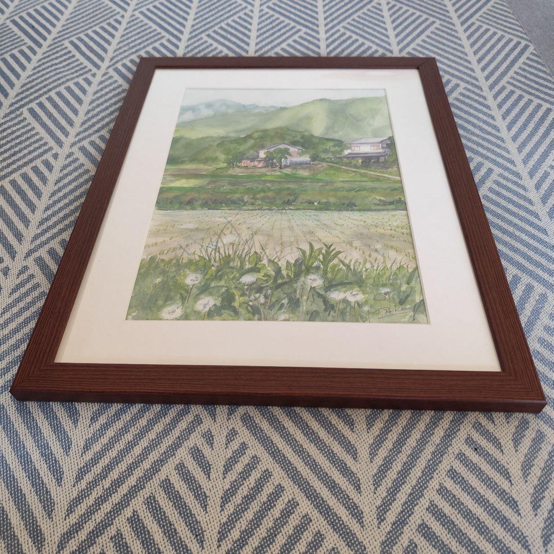水彩画「里山ー田植えの頃」 F6ブラウンフレーム - メルカリ