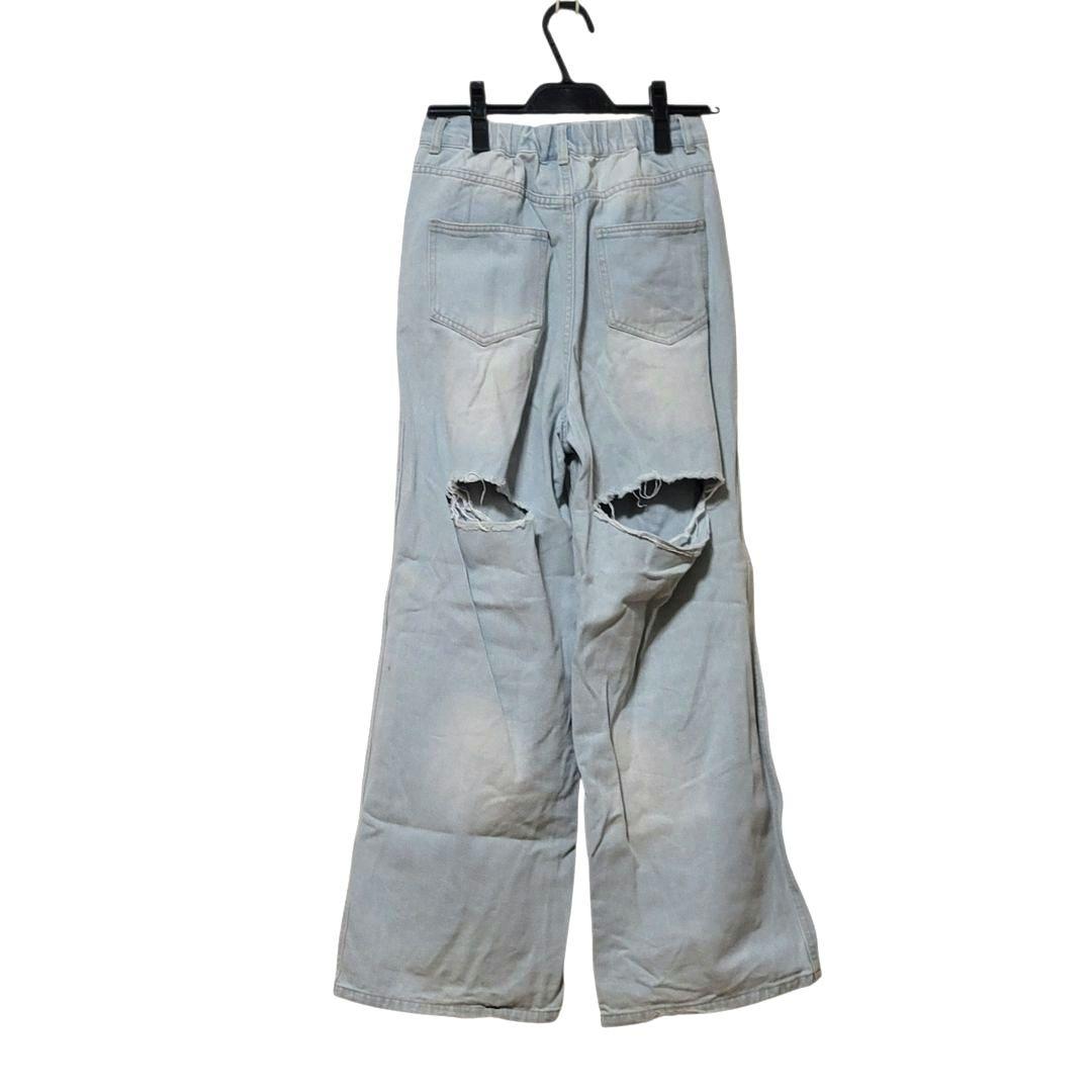 Emsexcite ワイドレッグデニム ダメージ加工 ライトブルー F ゆったり