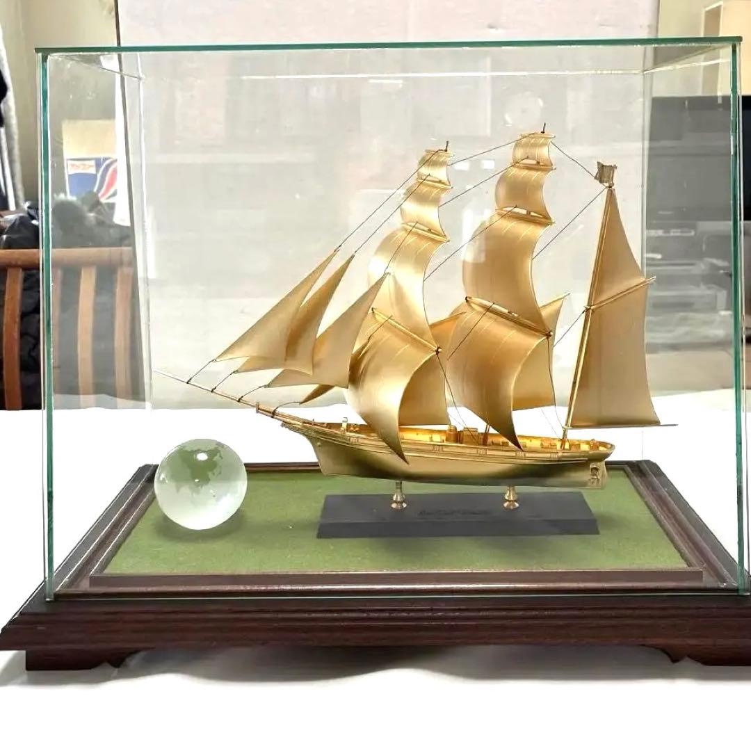 美術工芸品「咸臨丸」　金属製帆船　 ガラスケース付き 帆前船 3号｜銀製置物/ソリッドガラスケース : HIKARI GALLERYヤフー店