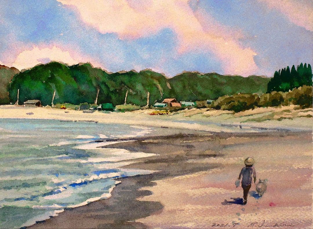 海岸の風景 水彩画 フレーム付き ☆丘の見える海／風景画／複製画／A4／簡易的な額縁付き。 絵画