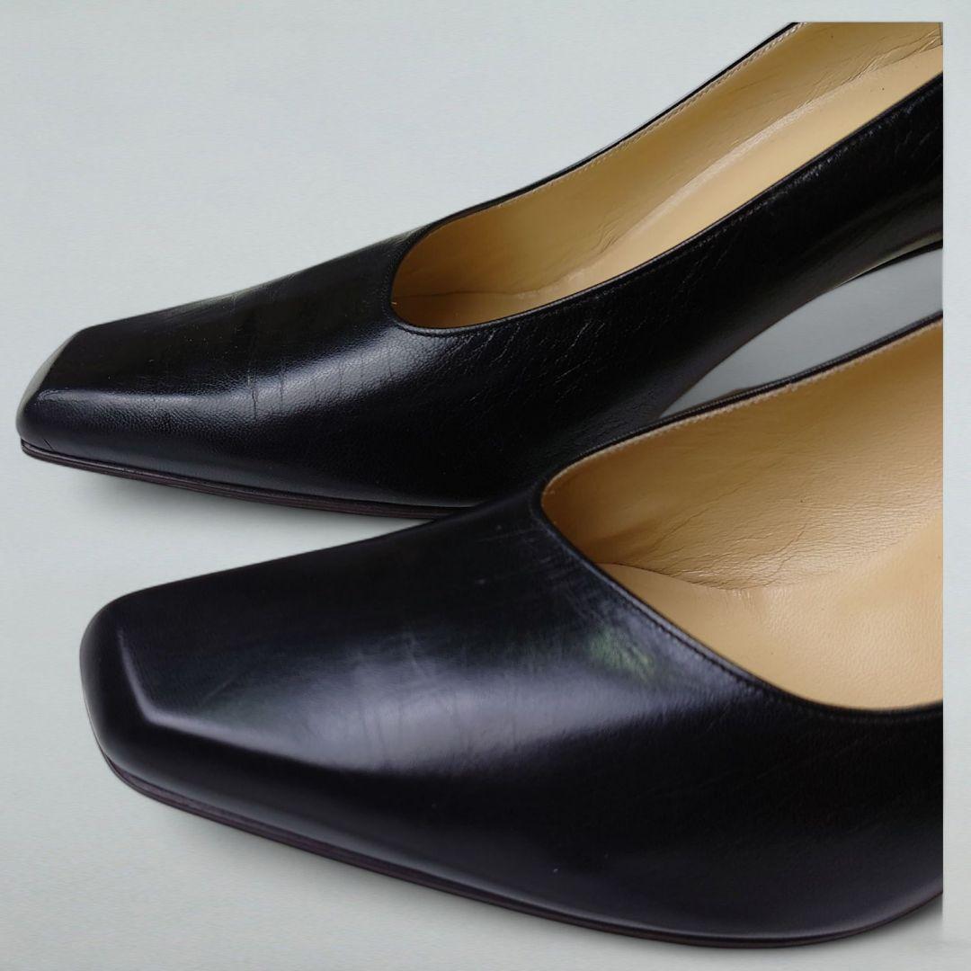 タグ付 銀座かねまつ パンプス スクエアトゥ 24cm 黒靴 本革
