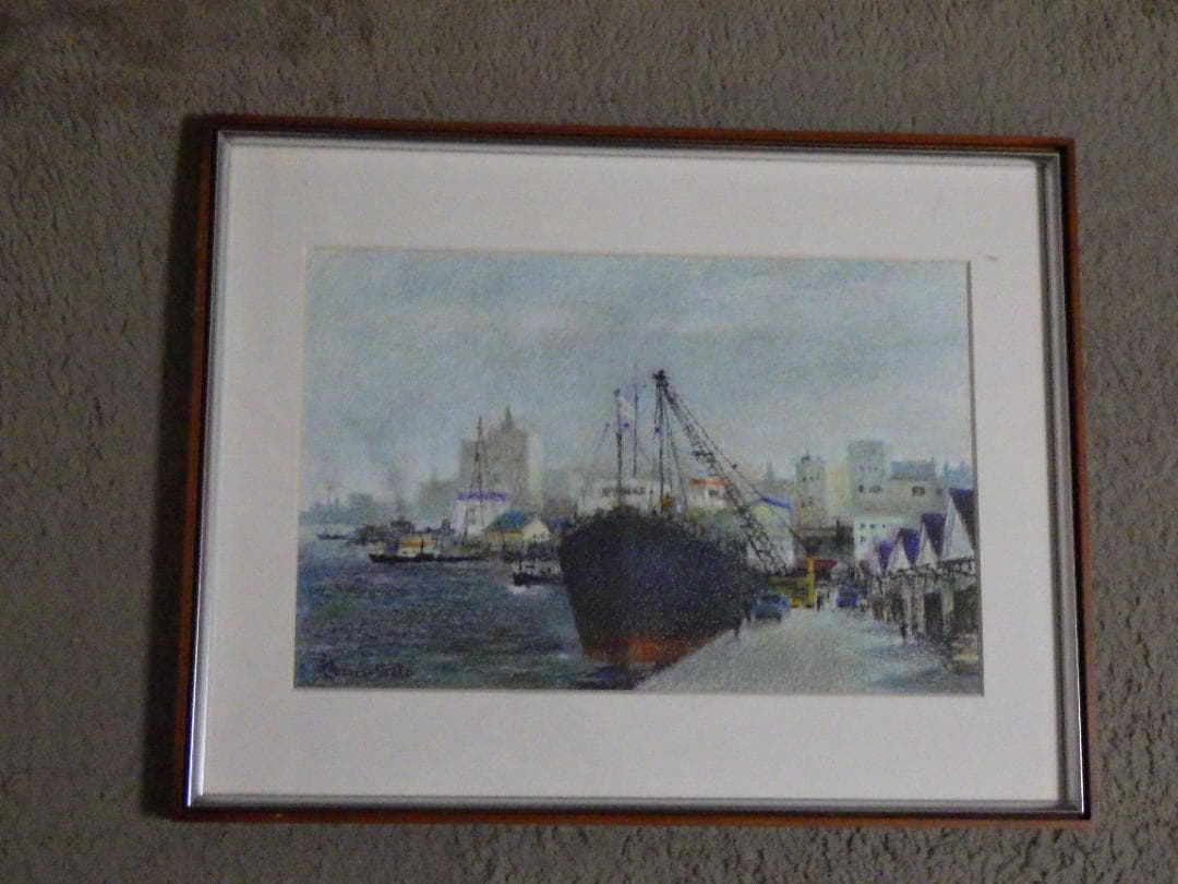 真作 佐藤忠一 クレヨン画 港風景 自筆サイン P6 額装