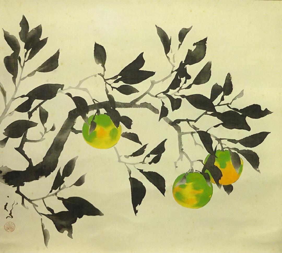 【複製巧芸画】掛軸 川端龍子『酢橘図』絹本 合せ箱付 掛け軸 a092915
