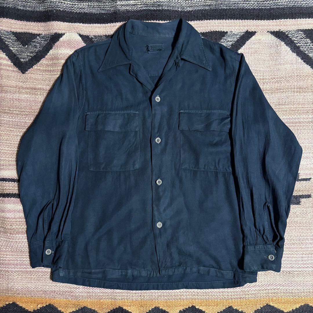 40s レーヨンギャバシャツ　後染め　ネイビー　ヴィンテージ　50s rayon 古着 40-50s WALDORF 無地 ソリッド ハンドステッチ 開襟 ボックス