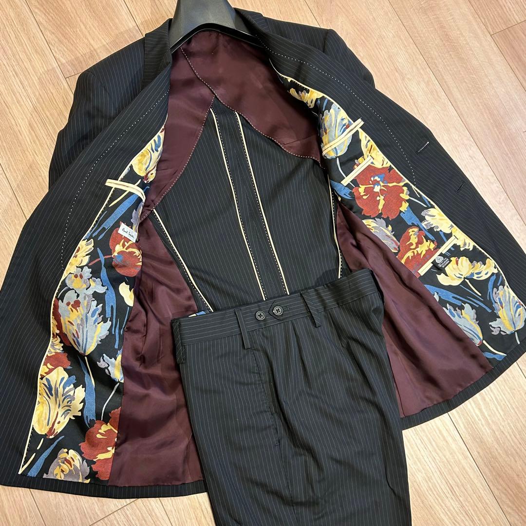 ポールスミス スーツ ストライプ 花柄裏地 セットアップ ブラック M
