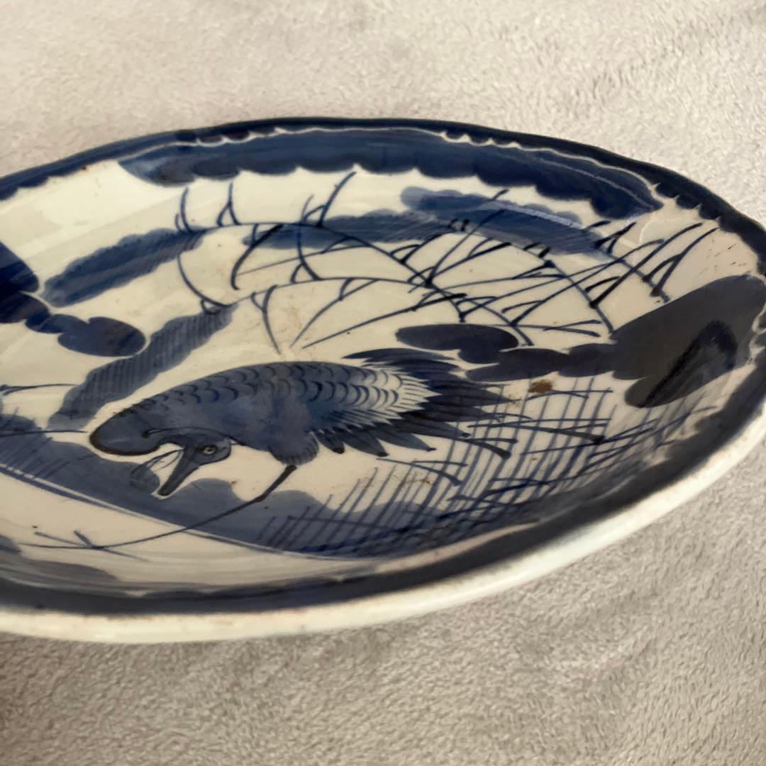 R☆昔の大皿 古伊万里 鷺 直径22.7高さ3 青と白のコントラストが素敵