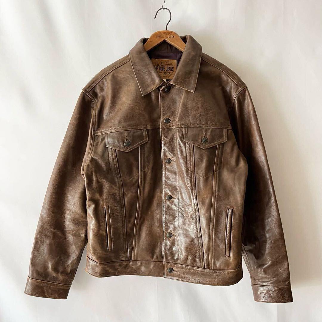 00年 OLD GAP レザー トラッカージャケット L ブラウン - メルカリ