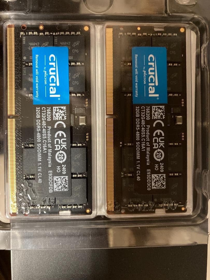 【動作確済】Crucial DDR5-4800 64GB (32GBx2) Crucial 64GB Kit (32GBx2) DDR5-4800 SODIMM | CT2K32G48C40S5